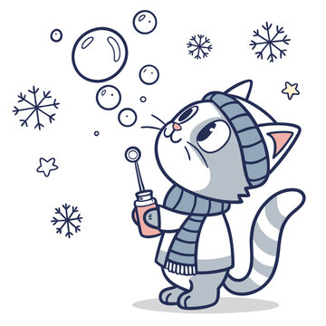 Naklejki Shy Kawaii Cat with blowing bubbles, set in a charming Cozy winter theme – Frosty Winter color vector art