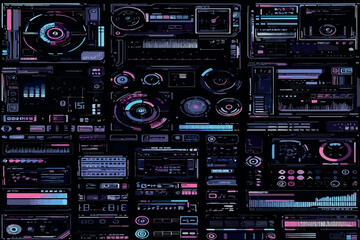 Fototapeta premium Futuristic Cyberpunk HUD UI Vector Set Glitch Effects & Japanese Translations .