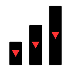 Three red downward pointing triangles arranged in a diagonal line on a black background. statistics, business,. 
