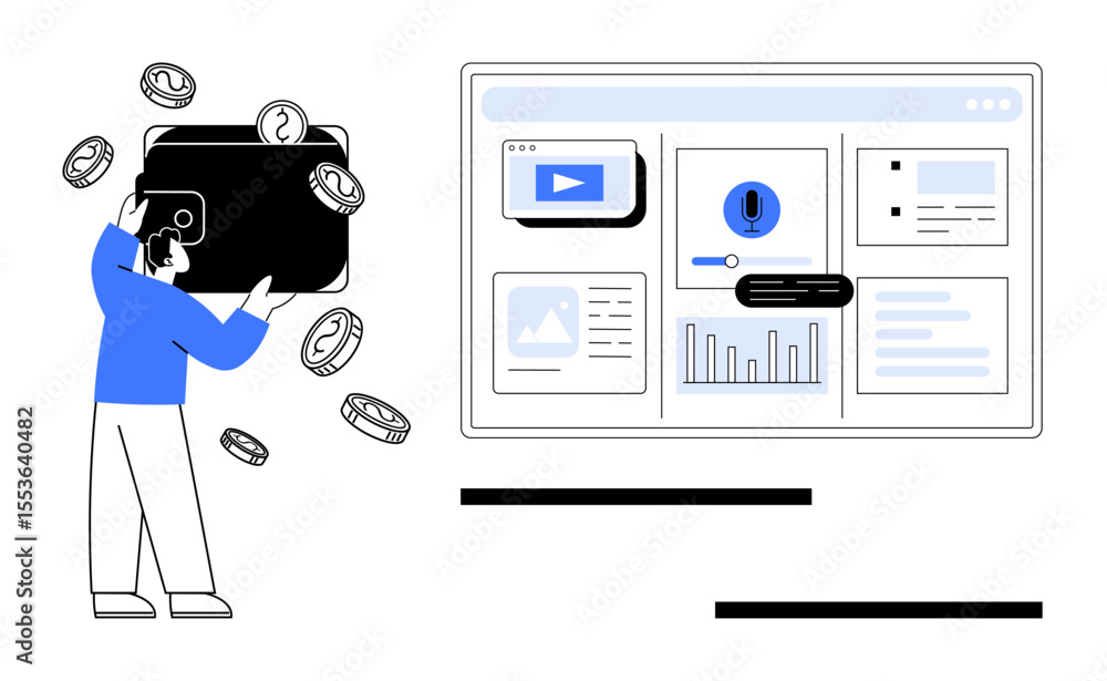 Poster person holding a large wallet with coins falling, next to a data dashboard displaying graphs, alerts