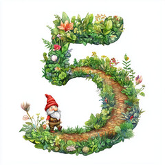 Number 5 with gnome walking along a path illustration