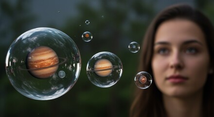 Dreamy visual of space planets orbiting inside magical transparent spheres.

