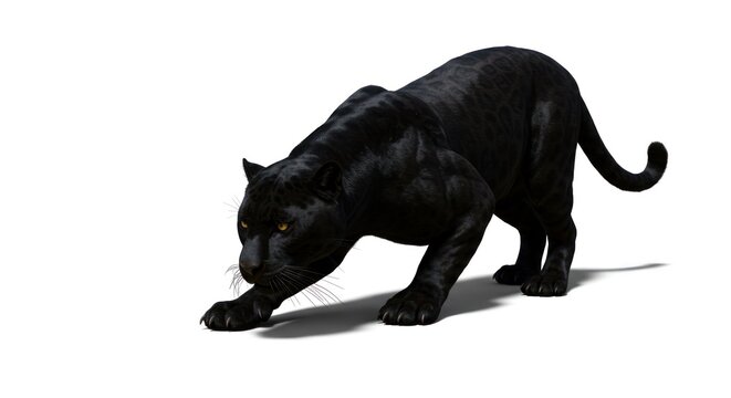 Black Leopard Cub Stalking with Focused Expression in Minimalist White Background