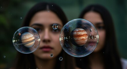 Dreamy visual of space planets orbiting inside magical transparent spheres.

