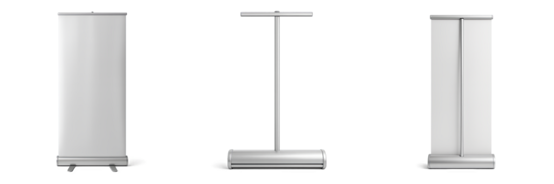 Set of modern retractable barriers and promotional stands in silver on transparent background