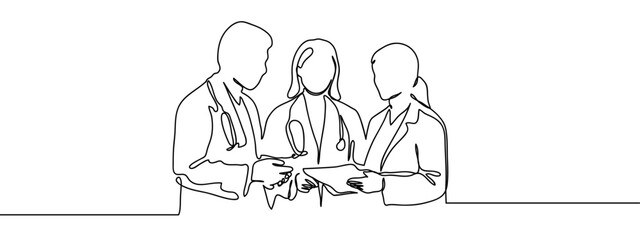 Continuous line, group of people, group of doctors talking together, medical personnel Minimal hand drawn line vector cut out background editable stroke.