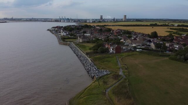 Drone. River Hull. Paull coastal village, housing flood defenses.