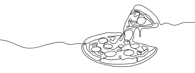 Continuous line, big pizza with stretchy cheese and pepperoni, food illustration Minimal hand drawn line vector cut out background editable stroke.