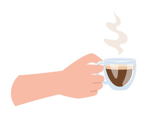 Hand holding hot espresso coffee. Design element of morning ritual with rich and aromatic coffee drink in transparent cup. Flat style vector illustration drawing for cafe, banner, poster, print