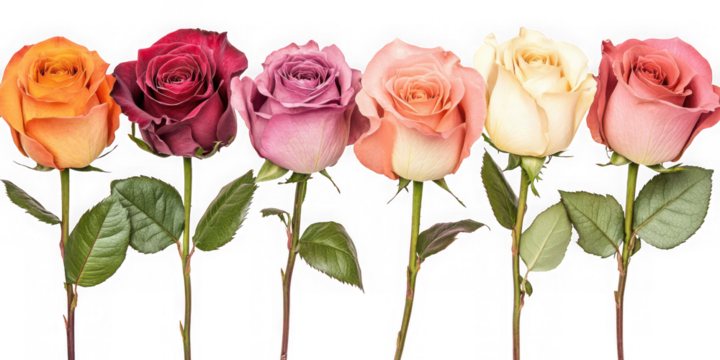 Roses of different colors on transparent background
