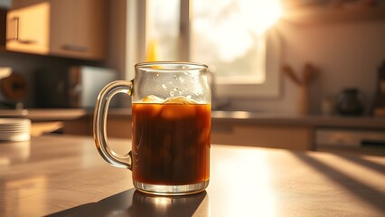 Glass mug with a subtle texture, suitable for cold beverages, cozy home atmosphere.