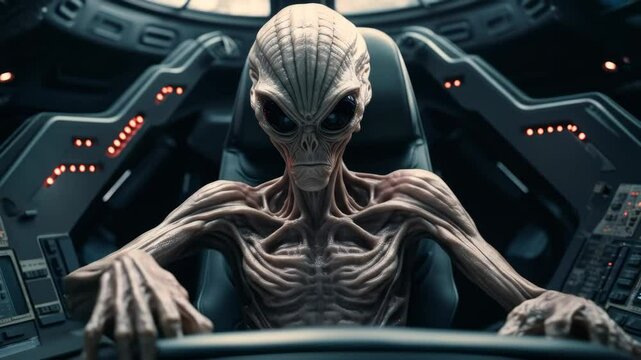 Alien creature sitting at controls in spaceship cockpit. Futuristic extraterrestrial concept for science fiction. Space control room footage.