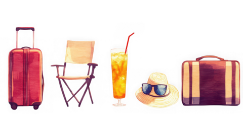 Vacation items arranged nicely on transparent background
