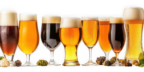 Selection of beers in glasses on transparent background