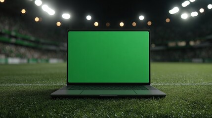 Laptop with green screen on a soccer field. The stadium lights give the scene a vibrant ambiance. A new digital experience at the heart of sports.