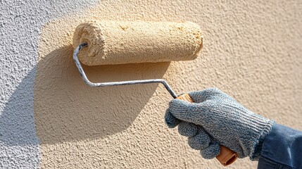 Exterior Wall Painting: A worker uses a paint roller to apply beige paint to the textured surface of an exterior wall, improving its appearance and durability.