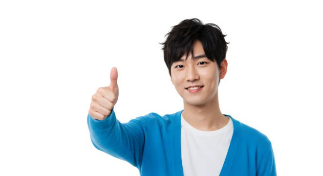 Cheerful Young Asian Man Giving Confident Thumbs Up Gesture in Casual Outfit Isolated on PNG Background.