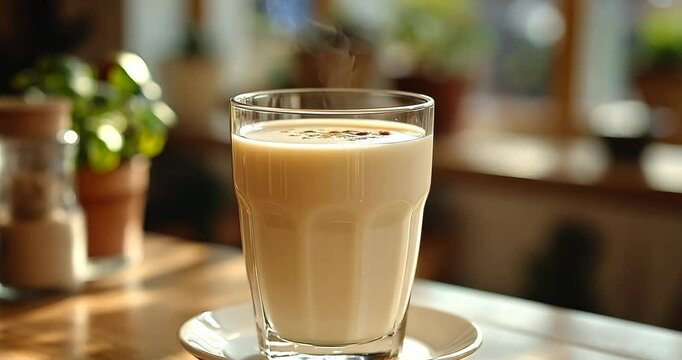 Static shot of a creamy sahlab drink on a wooden table in a cafe.