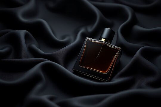 Dark brown perfume bottle on black silk