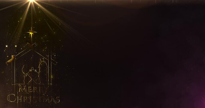 Bright Christmas scene animation with light particles Joseph and Mary praying in the manger. Seamless Loop of Nativity Christmas story under big star. 4k