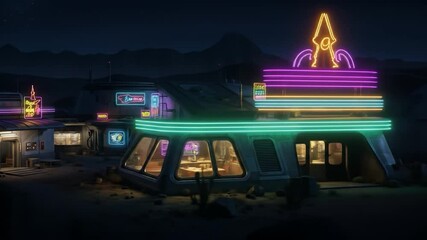 Neon Desert Diner: Futuristic Retro Eatery at Night - Powered by Adobe