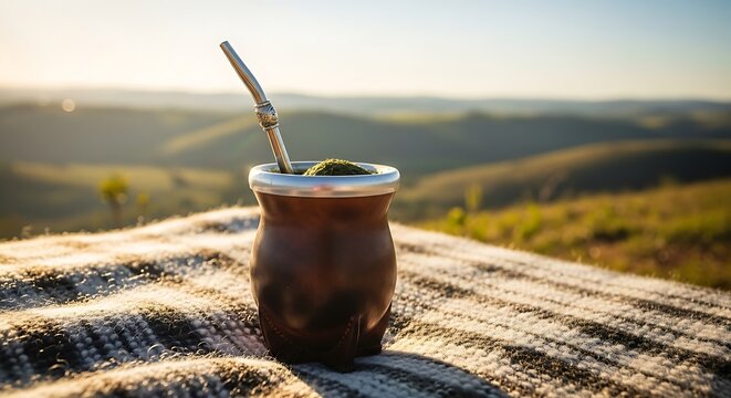 Traditional chimarrão (mate tea) in a gourd with metal straw, set on a wool blanket in southern Brazilian style