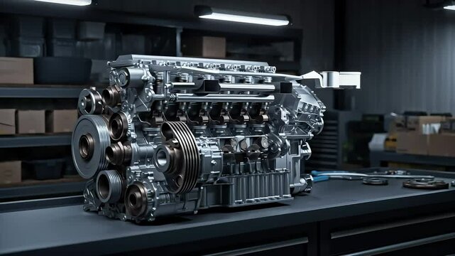 Close up showcasing the intricate details of a silver engine block with metal components