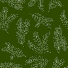 Seamless pattern of fir tree branches in lines on a green background