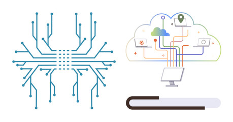 Digital circuit board design, cloud containing multiple devices linked through data streams and processes. Ideal for technology, innovation, AI, data sharing, cloud storage, networking, digital