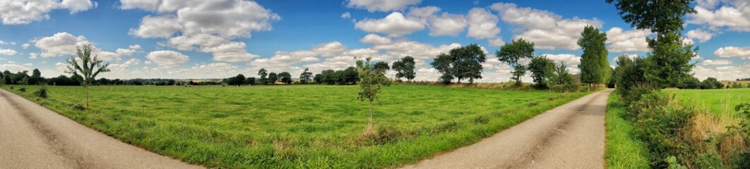 Panoramic view of a countryside field under a bright sunny sky