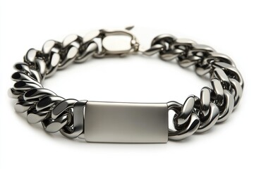 Stainless steel Cuban link bracelet with a horizontal plate, product shot on a white background.