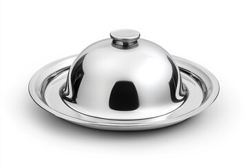 Stainless steel cloche platter isolated on a white background, detailed,