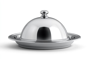 Stainless steel cloche platter isolated on a white background, detailed