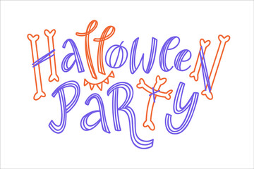 Hand-drawn lettering phrase 'Halloween Party' isolated on white background. Vector doodle text illustration for banner, invitation, poster. Handwritten typography for spooky season advert design.