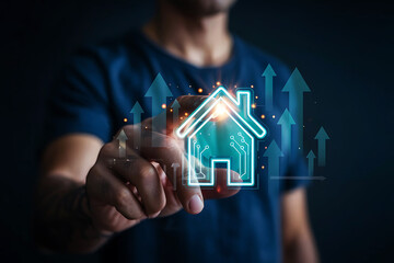 Man touches glowing house icon with circuit board pattern and upward arrows