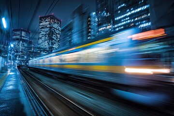 A fast train streaks through a nighttime city