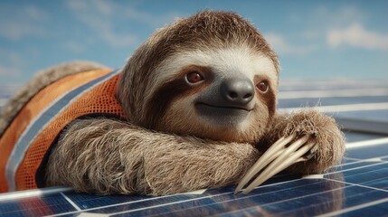 Sloth in safety vest resting on solar panels. A cute environmental activist for renewable energy. Promoting eco-friendly initiatives.