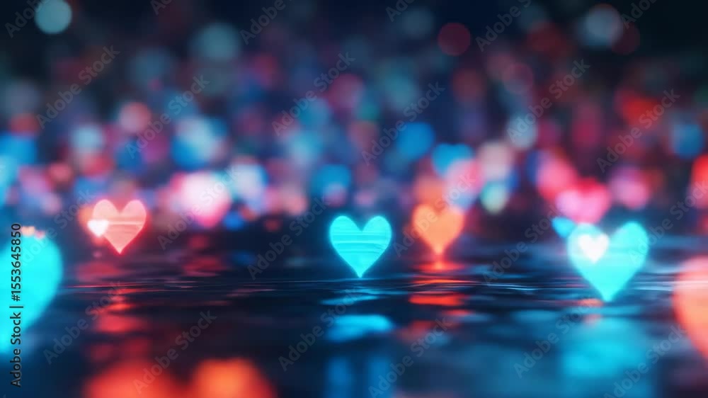Poster glowing heart shaped bokeh lights reflecting on a surface creating a romantic background for valenti