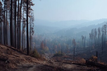 Charred trees and scorched earth showcase the aftermath of devastating wildfires in a hilly area, capturing the struggle of nature