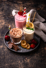 Milkshake from strawberry, banana and chocolate