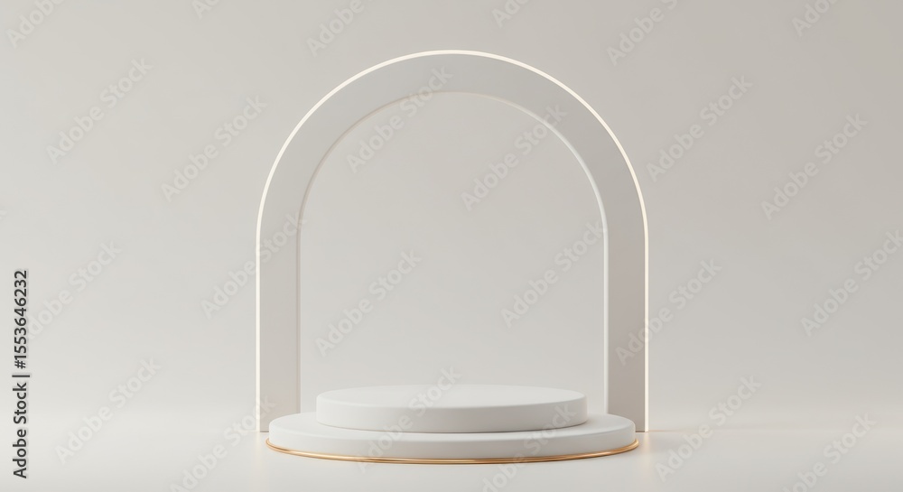 Poster Minimalist White Circular Platform with Arch Frame on Neutral Background for Product Display