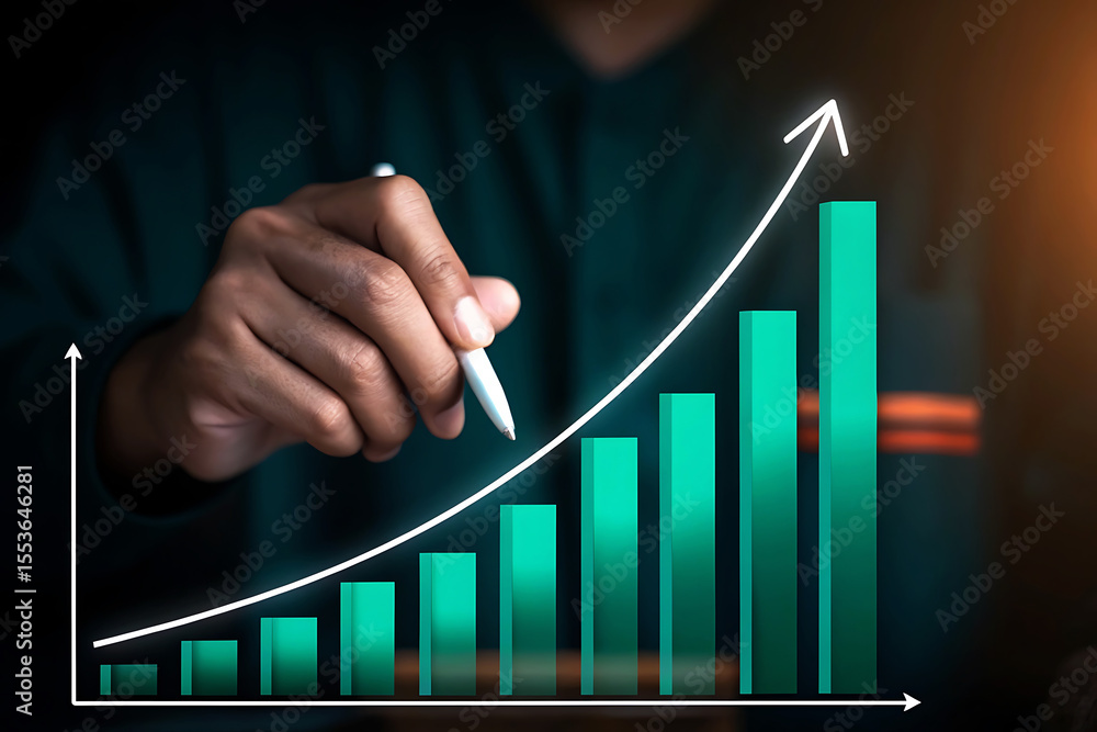Poster person using stylus to draw upward trending bar graph with arrow