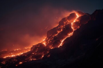 Naklejka premium Molten lava cascades down a steep volcanic slope, illuminating the surroundings with a fiery glow against the dark sky in a dramatic display