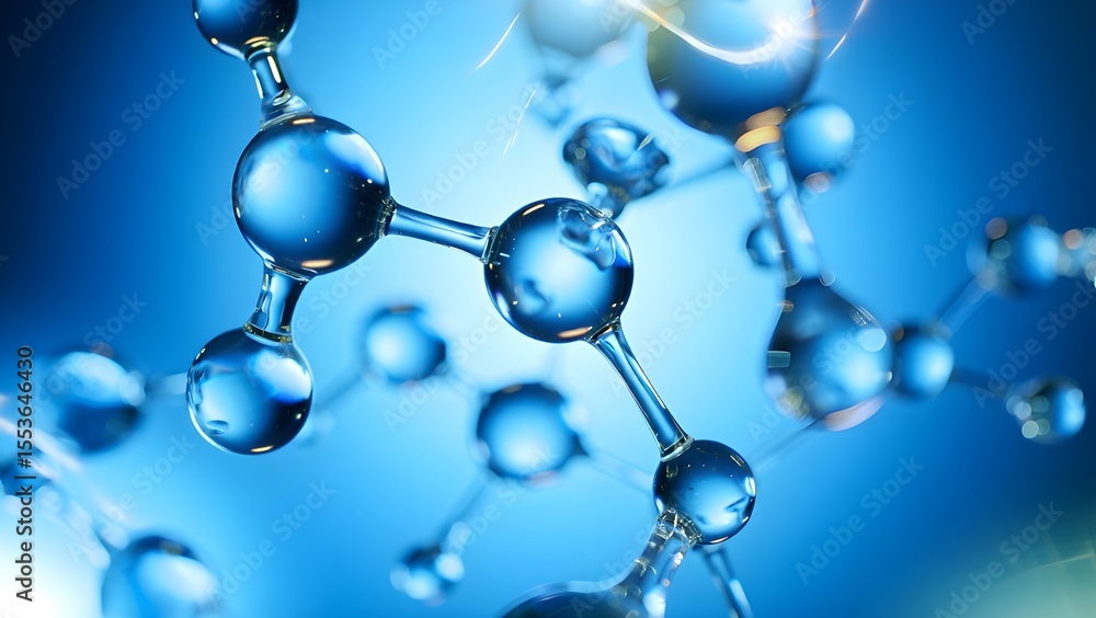 Poster abstract molecular structure with glowing blue spheres and connecting rods on a gradient background