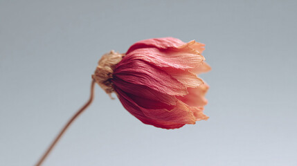 Dried flower with delicate petals in shades of orange and red. Evokes themes of fragility, impermanence, beauty, and aging. Ideal for projects needing a touch of subtle elegance.