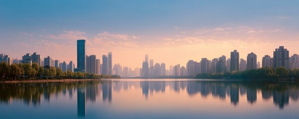 Fototapeta premium Sunrise Cityscape over Calm Water
