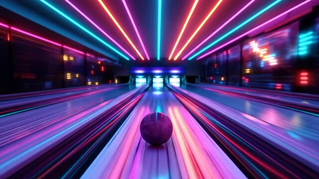 Neon illuminated bowling alley with colorful light streaks and a bowling ball on the lane, futuristic gaming footage.