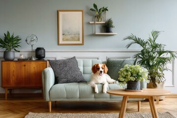 Cozy Living Room with Dog and Plants