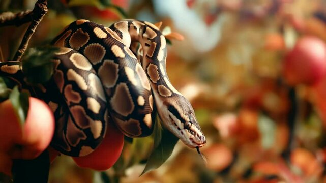Snake in an apple tree with red apples. Serpent hidden in a garden. Danger and temptation concept. Garden footage.