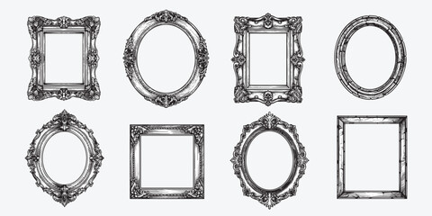 Hand drawn picture frames set. Sketch style highly detailed oval and rectangular wooden frames. Vintage retro wall decoration. Vector illustrations isolated on white background.